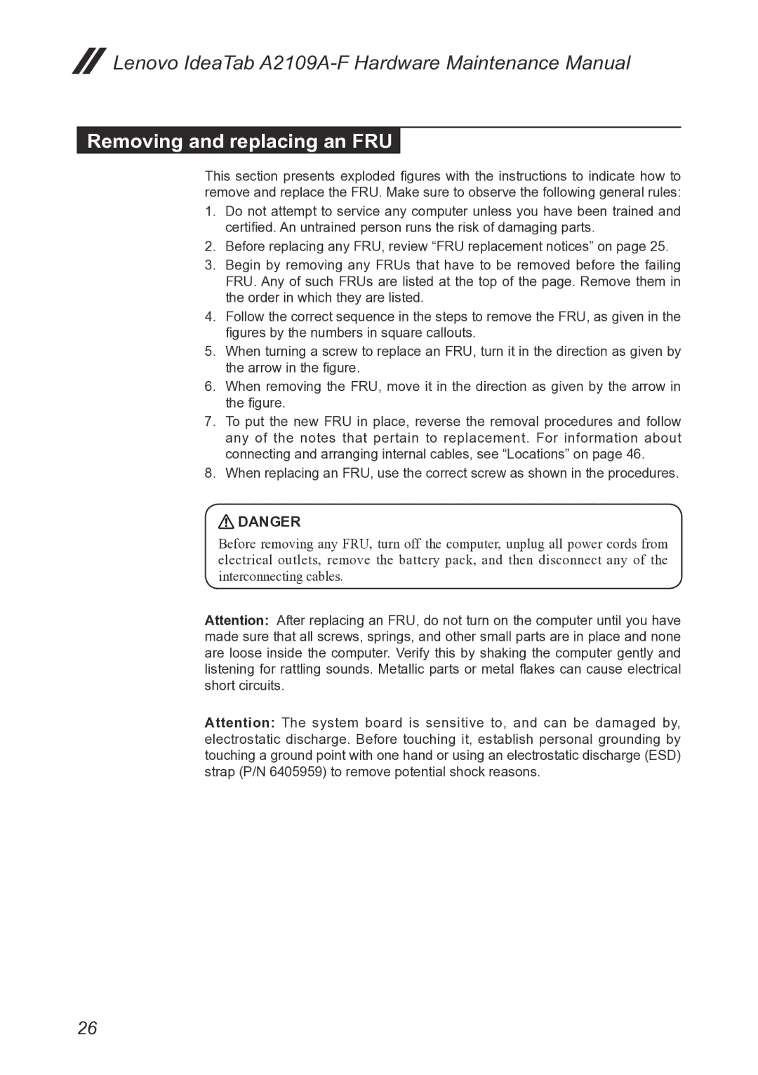 Lenovo A2109, 2290XF2 manual Removing and replacing an FRU 