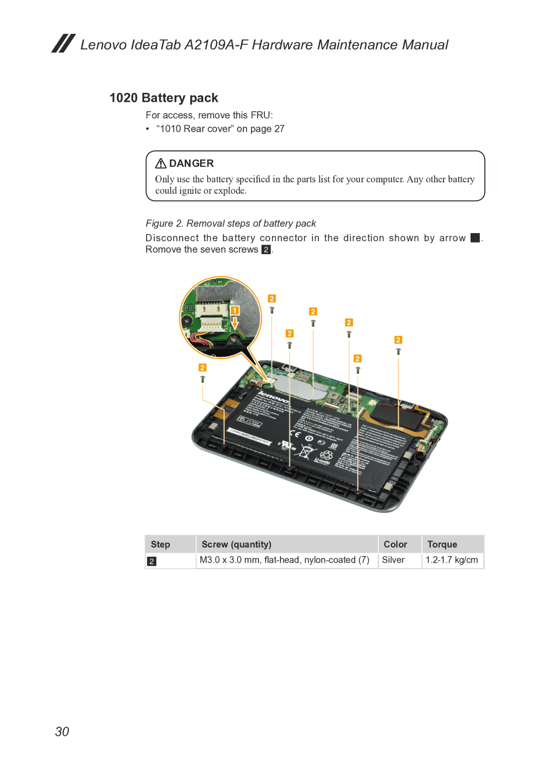 Lenovo A2109, 2290XF2 manual Battery pack, For access, remove this FRU Rear cover on 