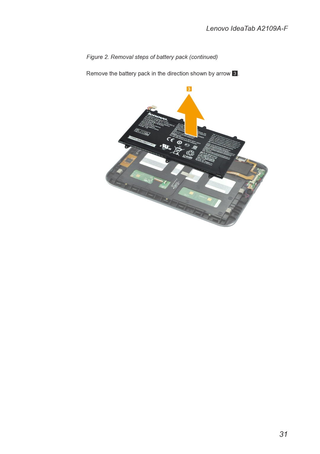 Lenovo 2290XF2, A2109 manual Remove the battery pack in the direction shown by arrow 