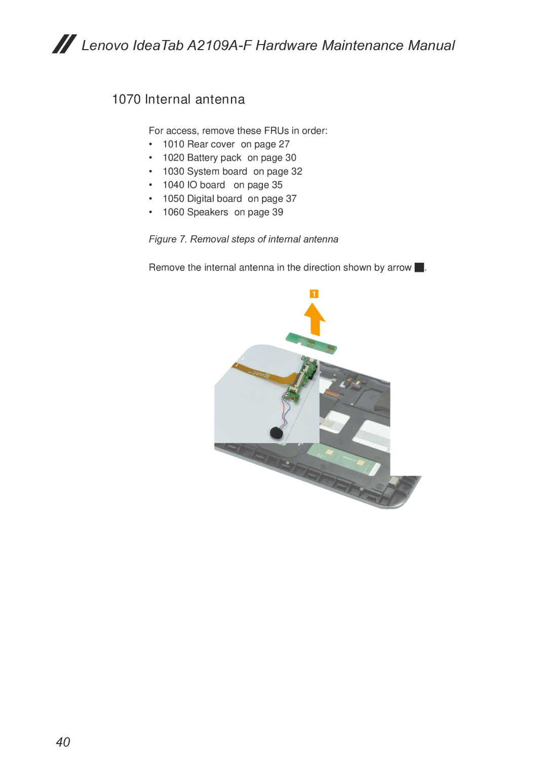 Lenovo A2109, 2290XF2 manual Internal antenna, Removal steps of internal antenna 