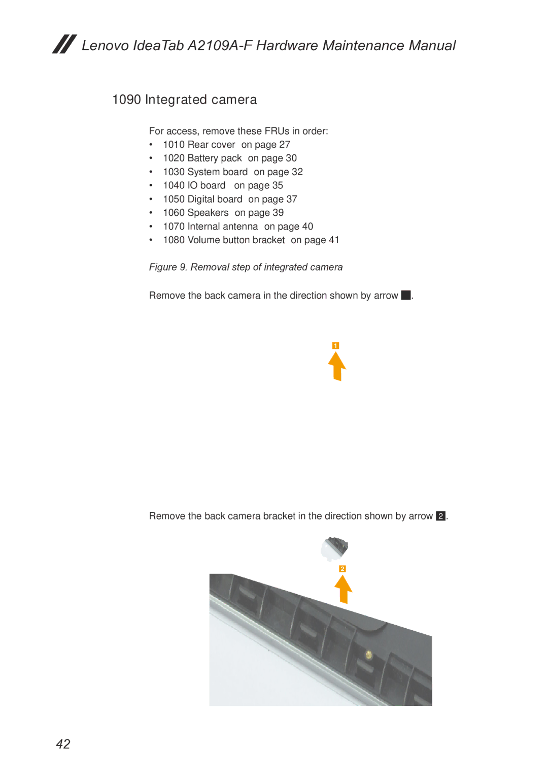 Lenovo A2109, 2290XF2 manual Integrated camera, Removal step of integrated camera 