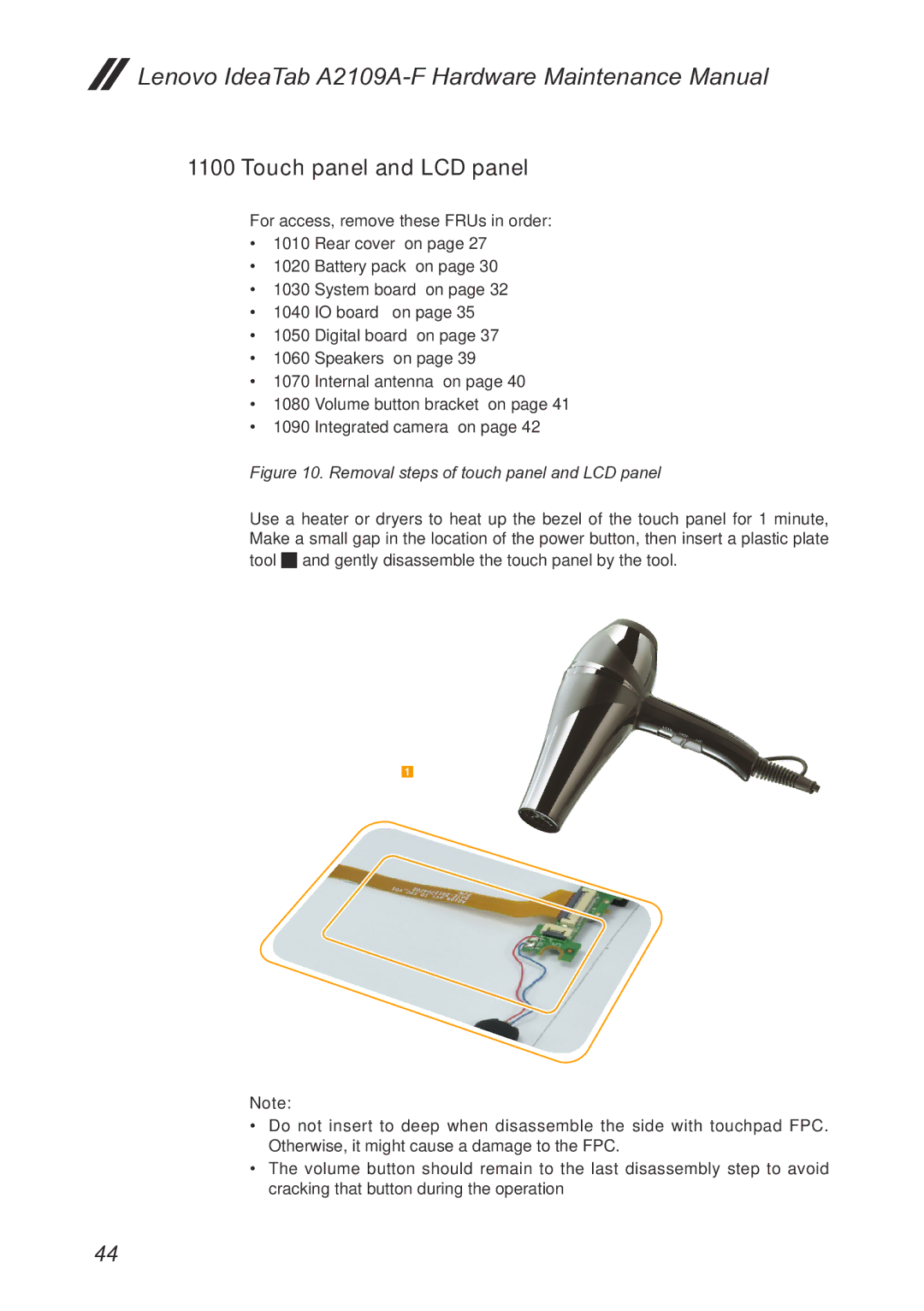 Lenovo A2109, 2290XF2 manual Touch panel and LCD panel, Removal steps of touch panel and LCD panel 