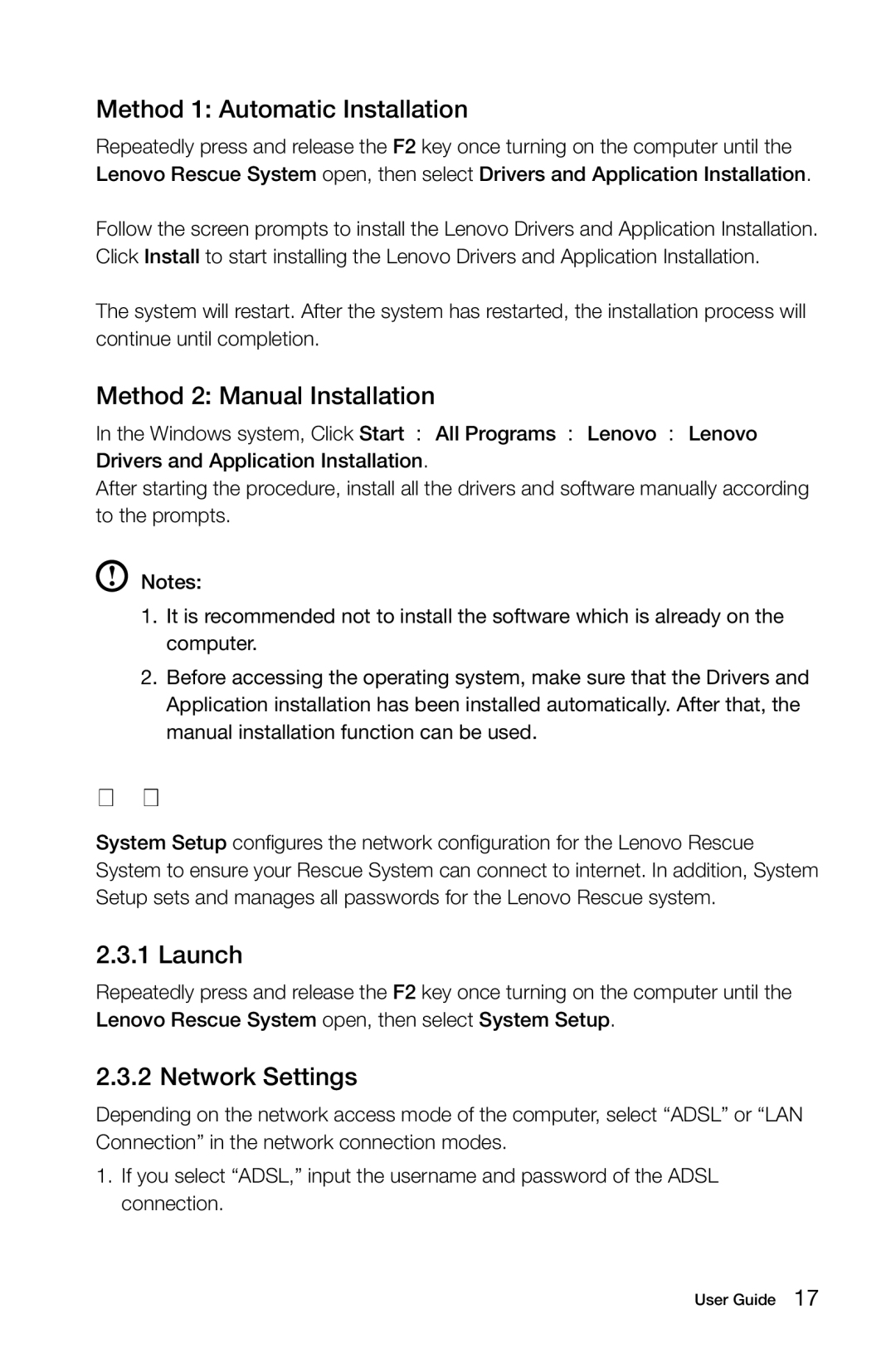 Lenovo A3 manual System Setup, Method 1 Automatic Installation, Method 2 Manual Installation, Launch, Network Settings 