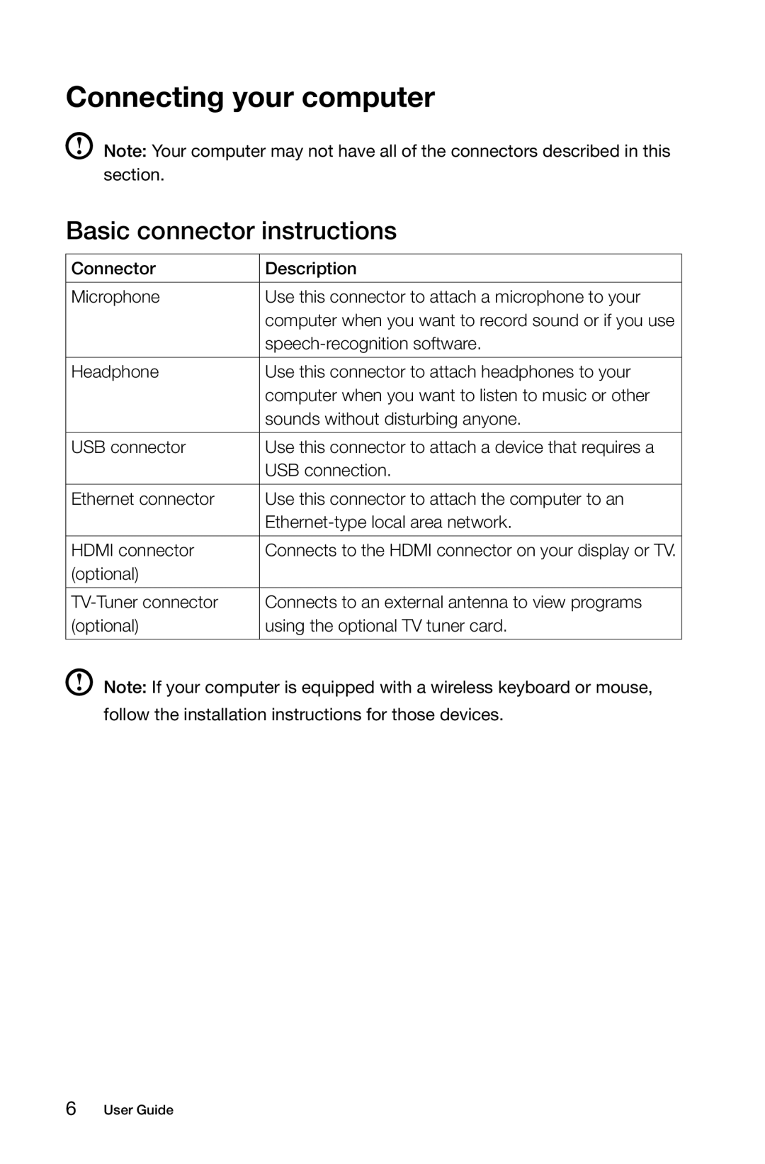 Lenovo A5 manual Connecting your computer, Basic connector instructions 
