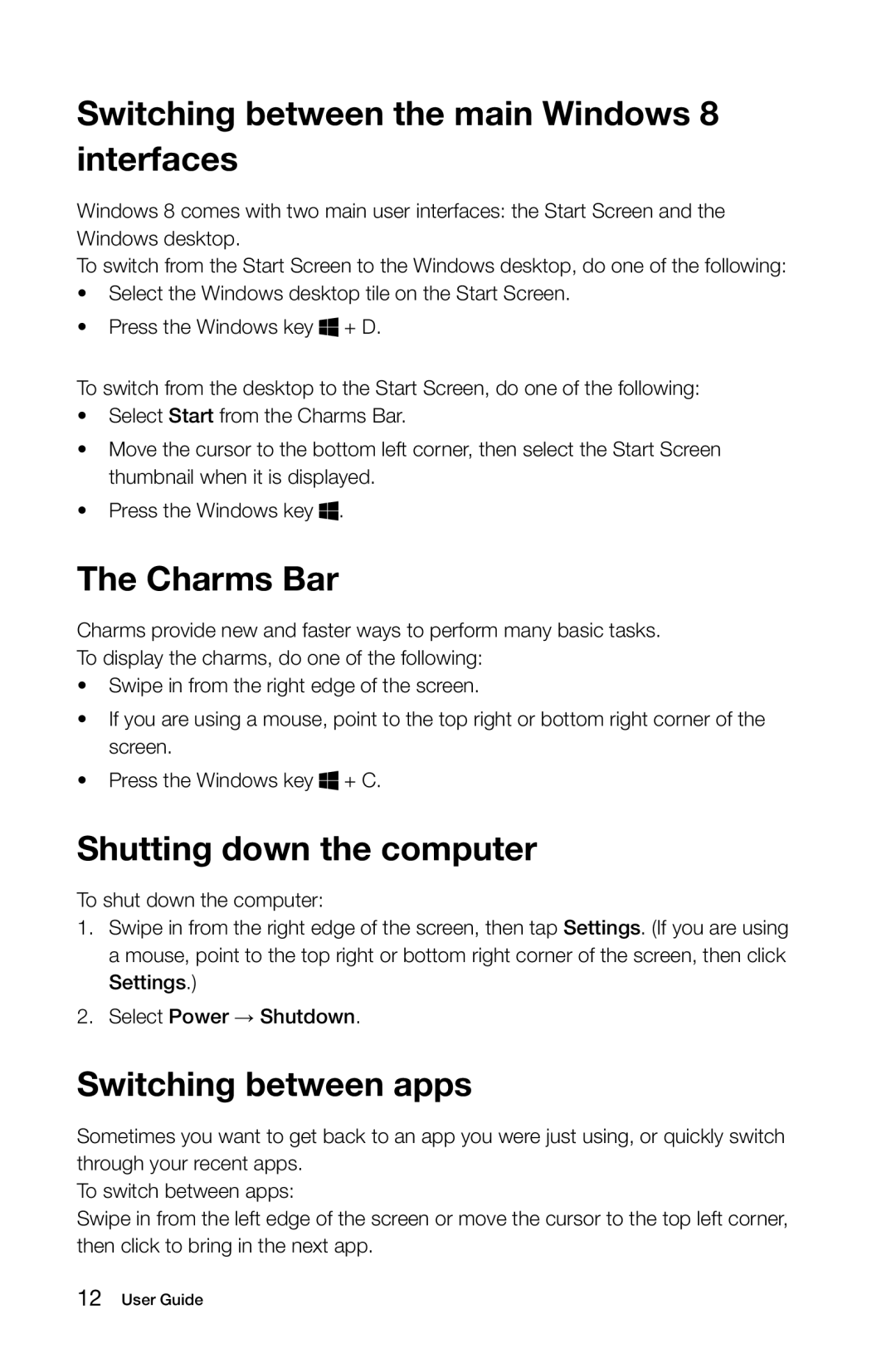 Lenovo A5 Switching between the main Windows 8 interfaces, Charms Bar, Shutting down the computer, Switching between apps 