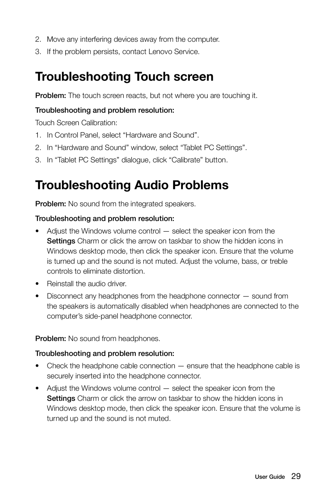 Lenovo A5 manual Troubleshooting Touch screen, Troubleshooting Audio Problems 