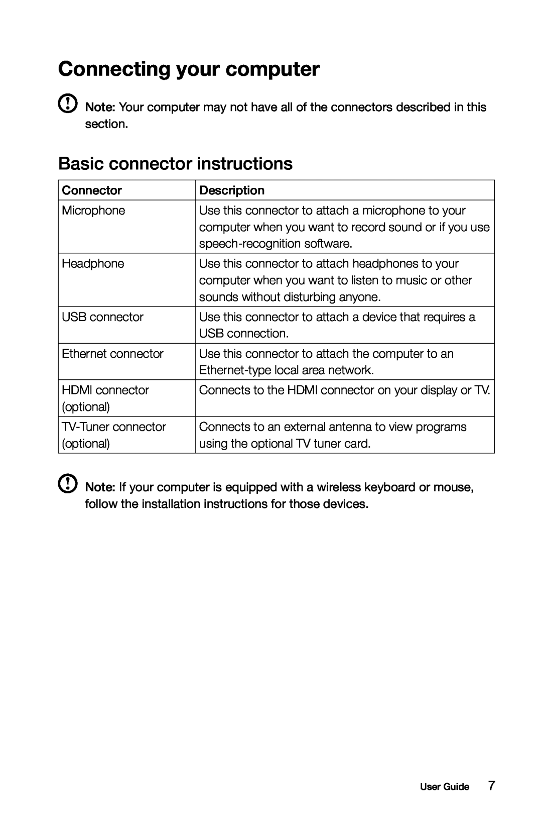 Lenovo A7 manual Connecting your computer, Basic connector instructions 