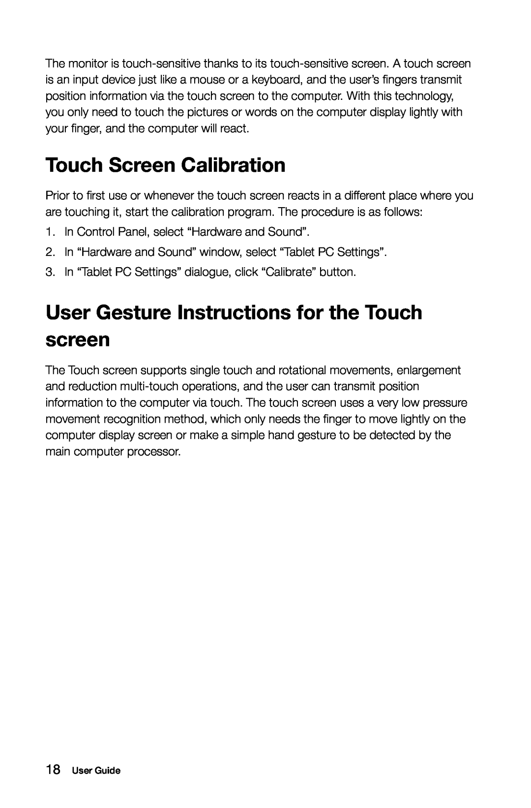 Lenovo A7 manual Touch Screen Calibration, User Gesture Instructions for the Touch screen 