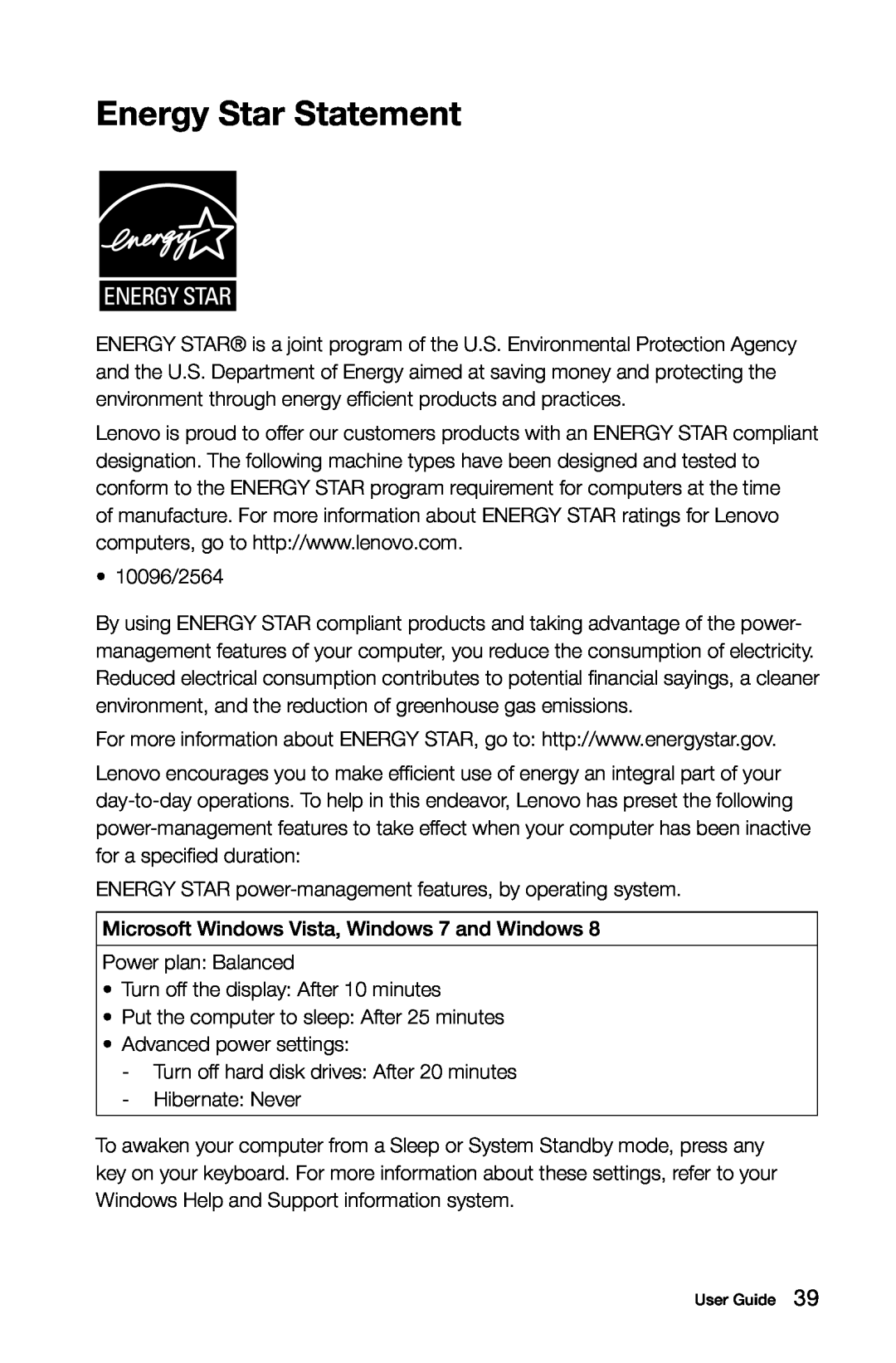 Lenovo A7 manual Energy Star Statement 