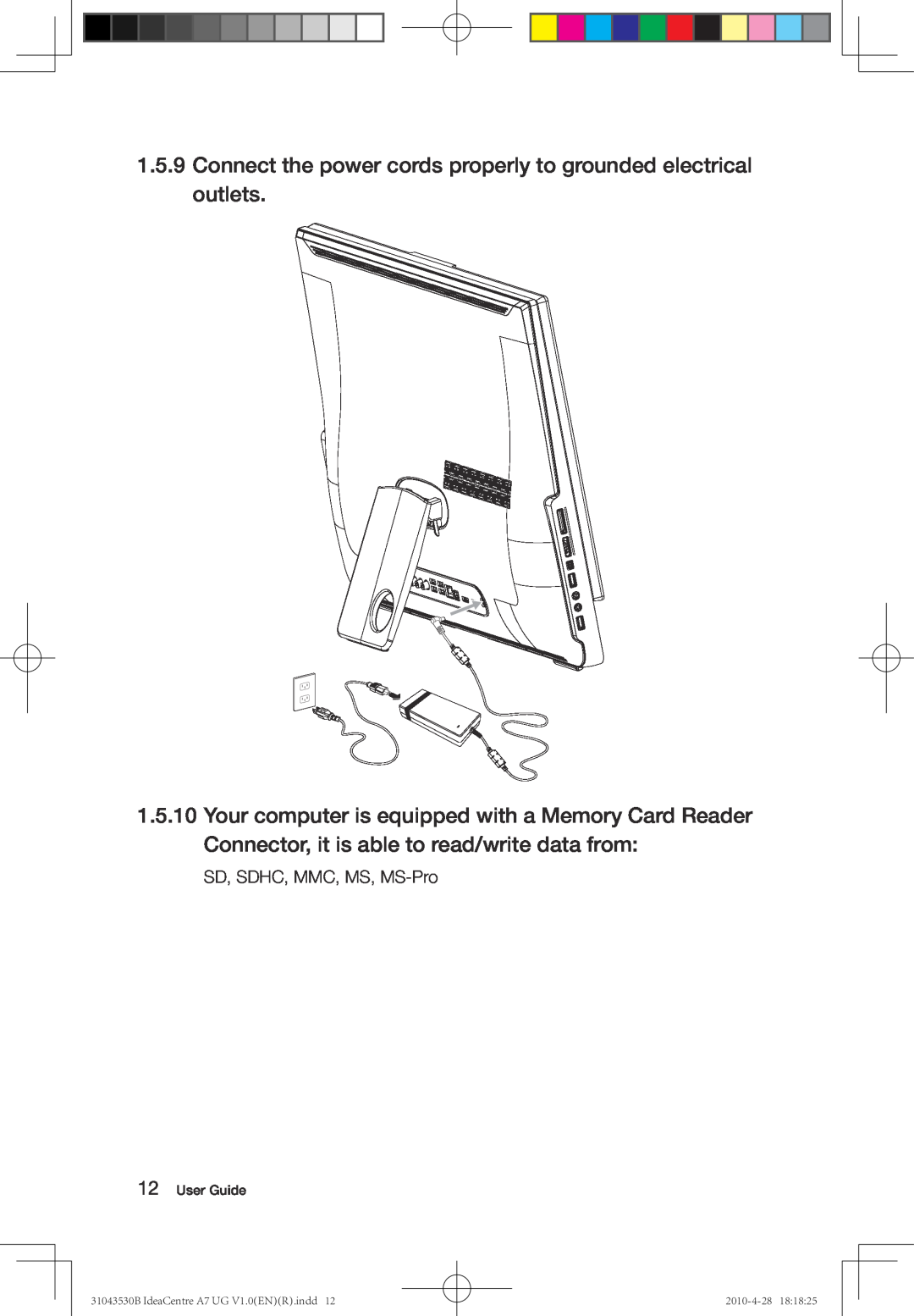 Lenovo A7 manual Connect the power cords properly to grounded electrical outlets, SD, SDHC, MMC, MS, MS-Pro, User Guide 