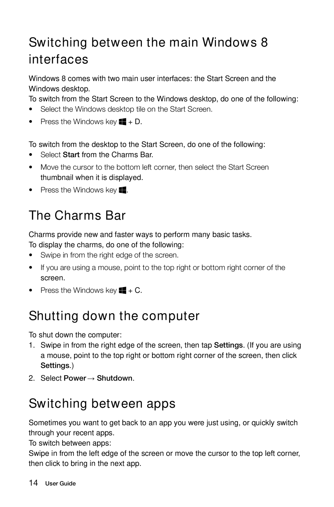 Lenovo A7 Switching between the main Windows 8 interfaces, Charms Bar, Shutting down the computer, Switching between apps 