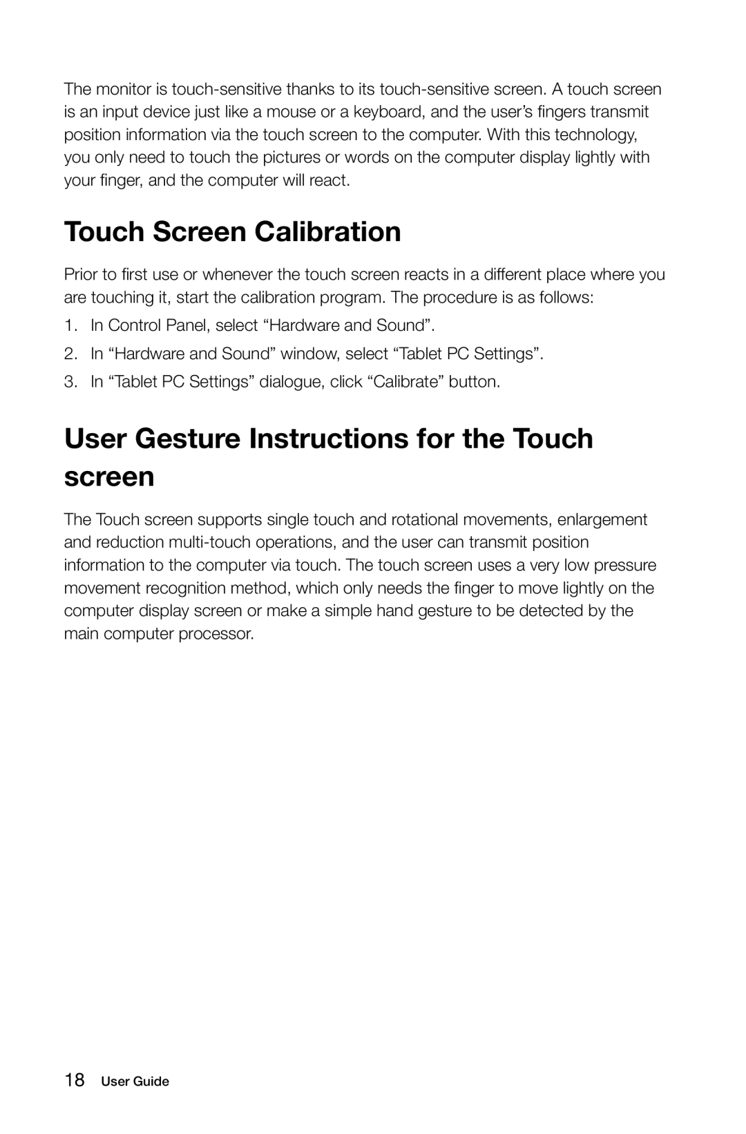 Lenovo A7 manual Touch Screen Calibration, User Gesture Instructions for the Touch screen 