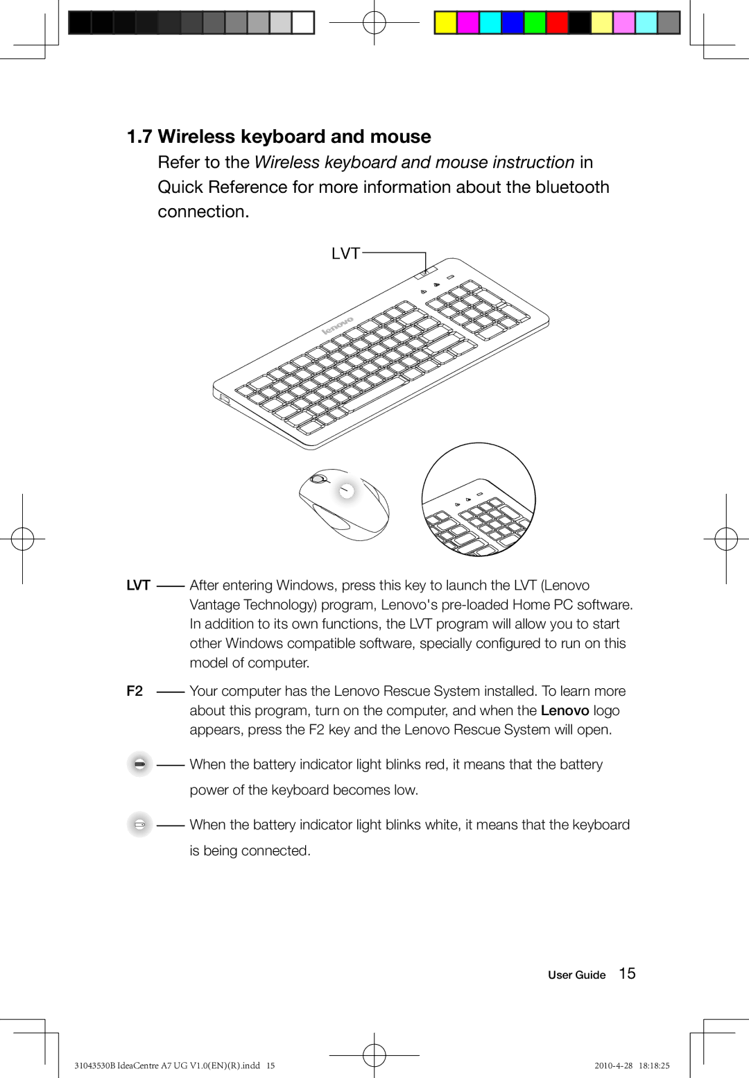 Lenovo A7 manual Wireless keyboard and mouse, Lvt 