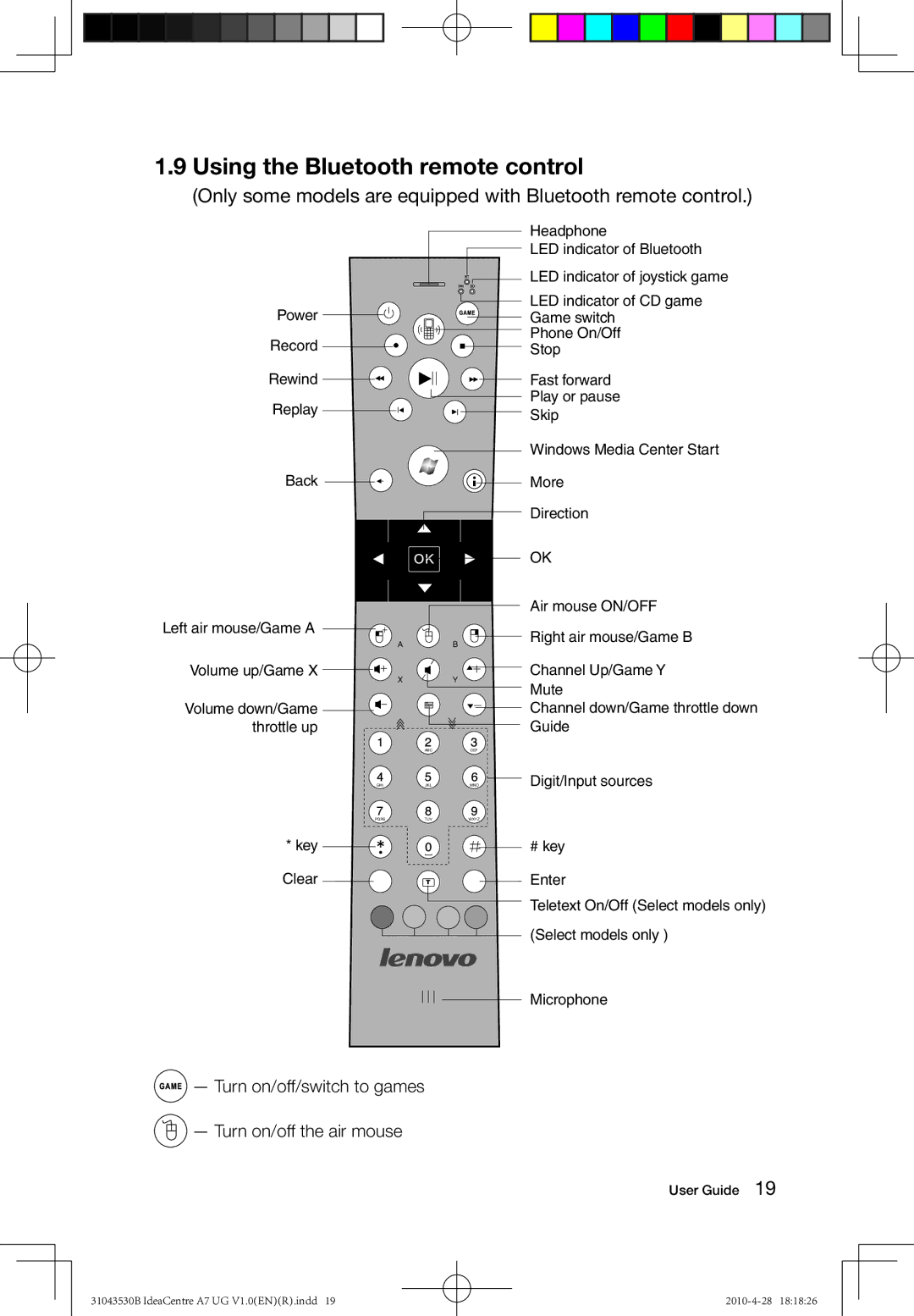 Lenovo A7 manual Using the Bluetooth remote control, Turn on/off/switch to games Turn on/off the air mouse 