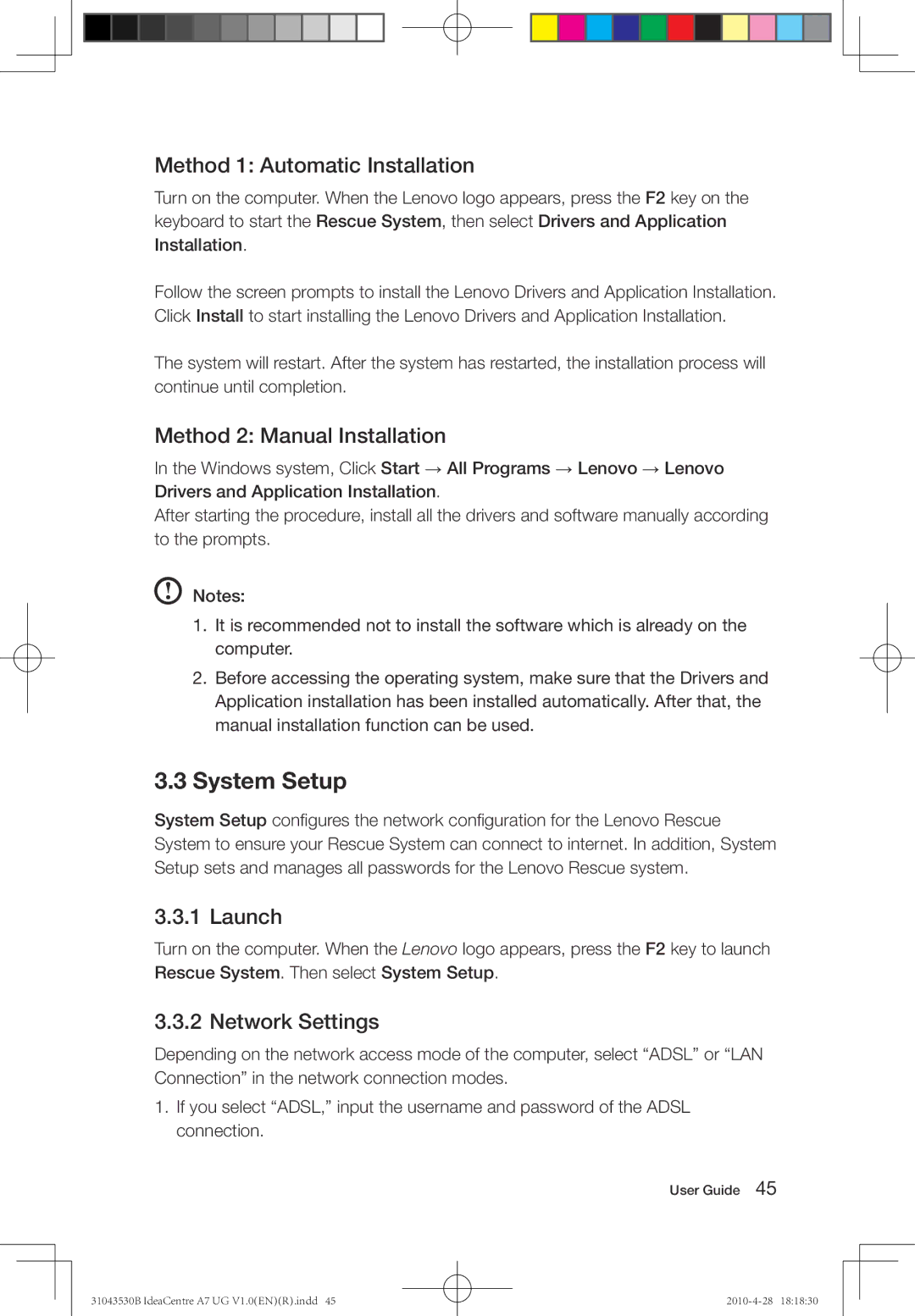 Lenovo A7 manual System Setup, Method 1 Automatic Installation, Method 2 Manual Installation, Launch, Network Settings 