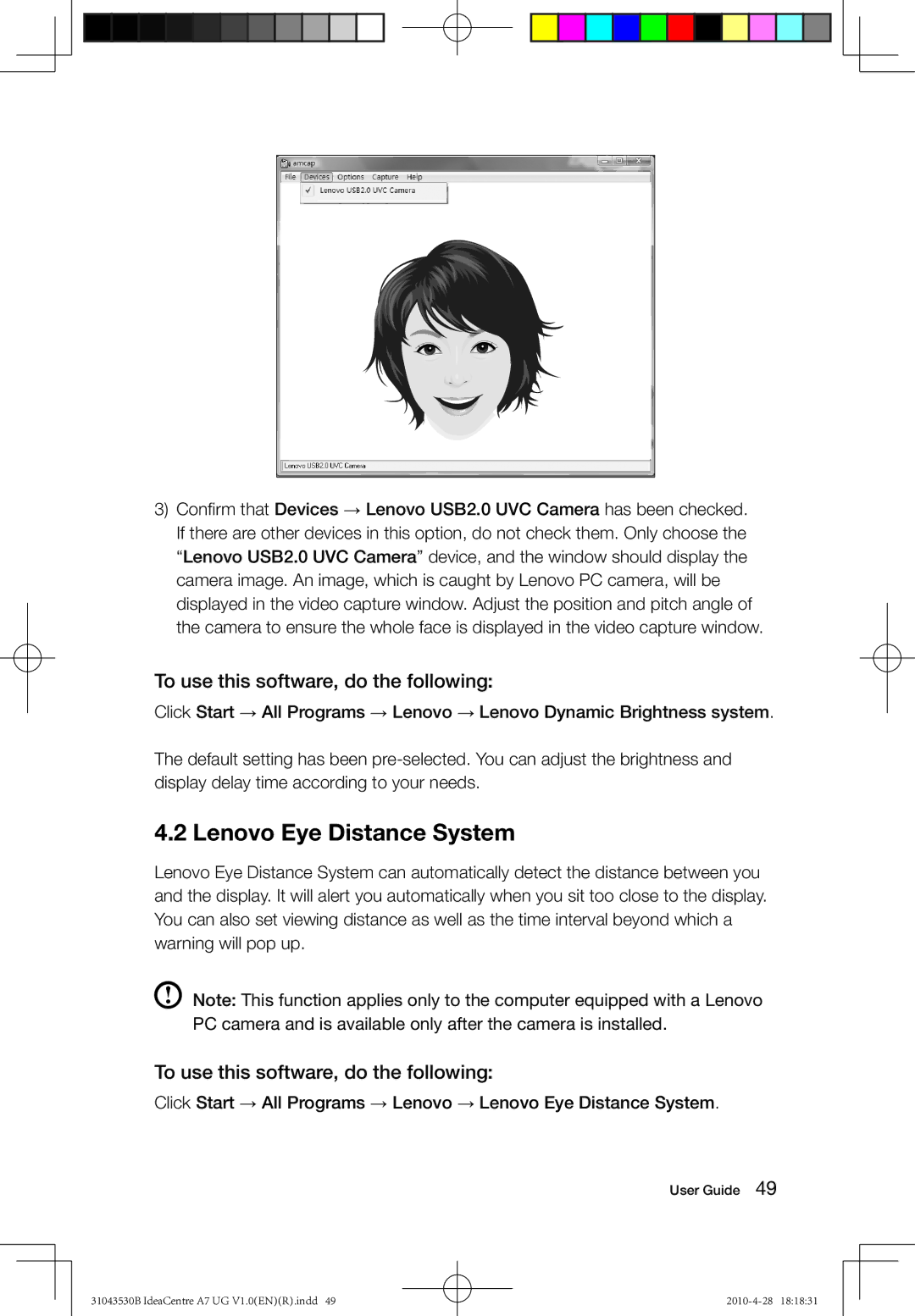 Lenovo A7 manual Lenovo Eye Distance System, To use this software, do the following 