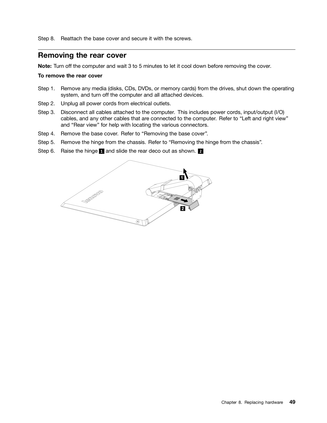 Lenovo A720 manual Removing the rear cover, To remove the rear cover 