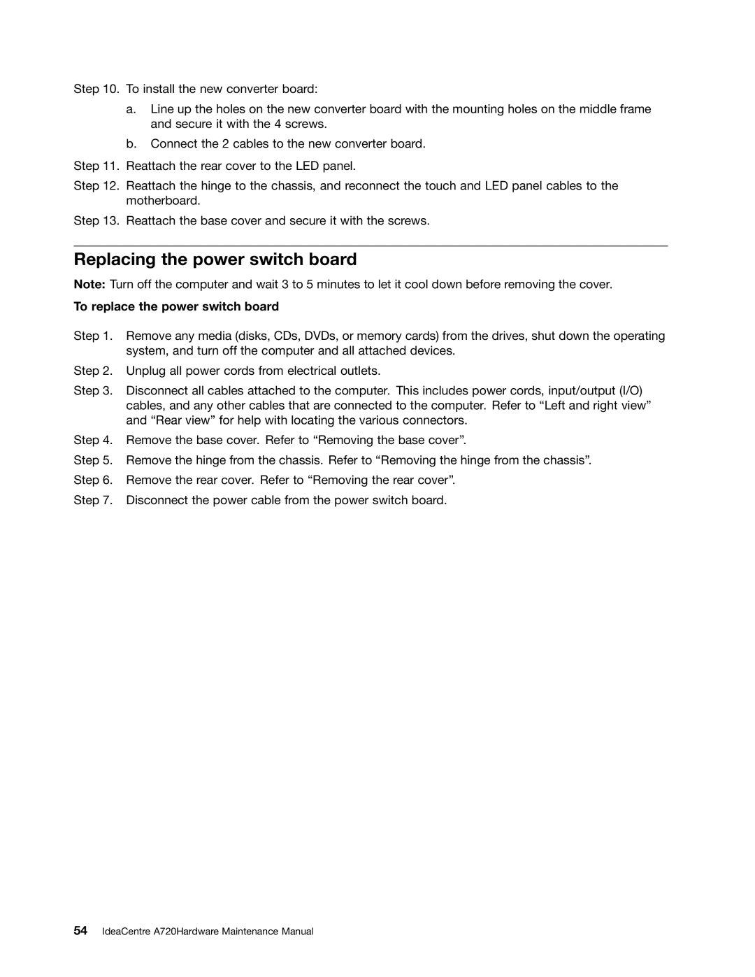 Lenovo A720 manual Replacing the power switch board, To replace the power switch board 