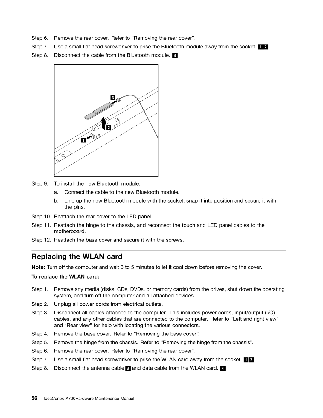 Lenovo A720 manual Replacing the Wlan card, To replace the Wlan card 