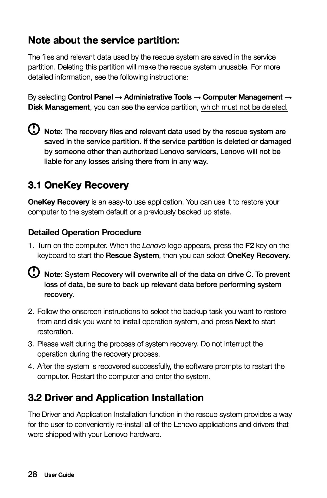 Lenovo B3, 10051, 10052 manual Note about the service partition, OneKey Recovery, Driver and Application Installation 