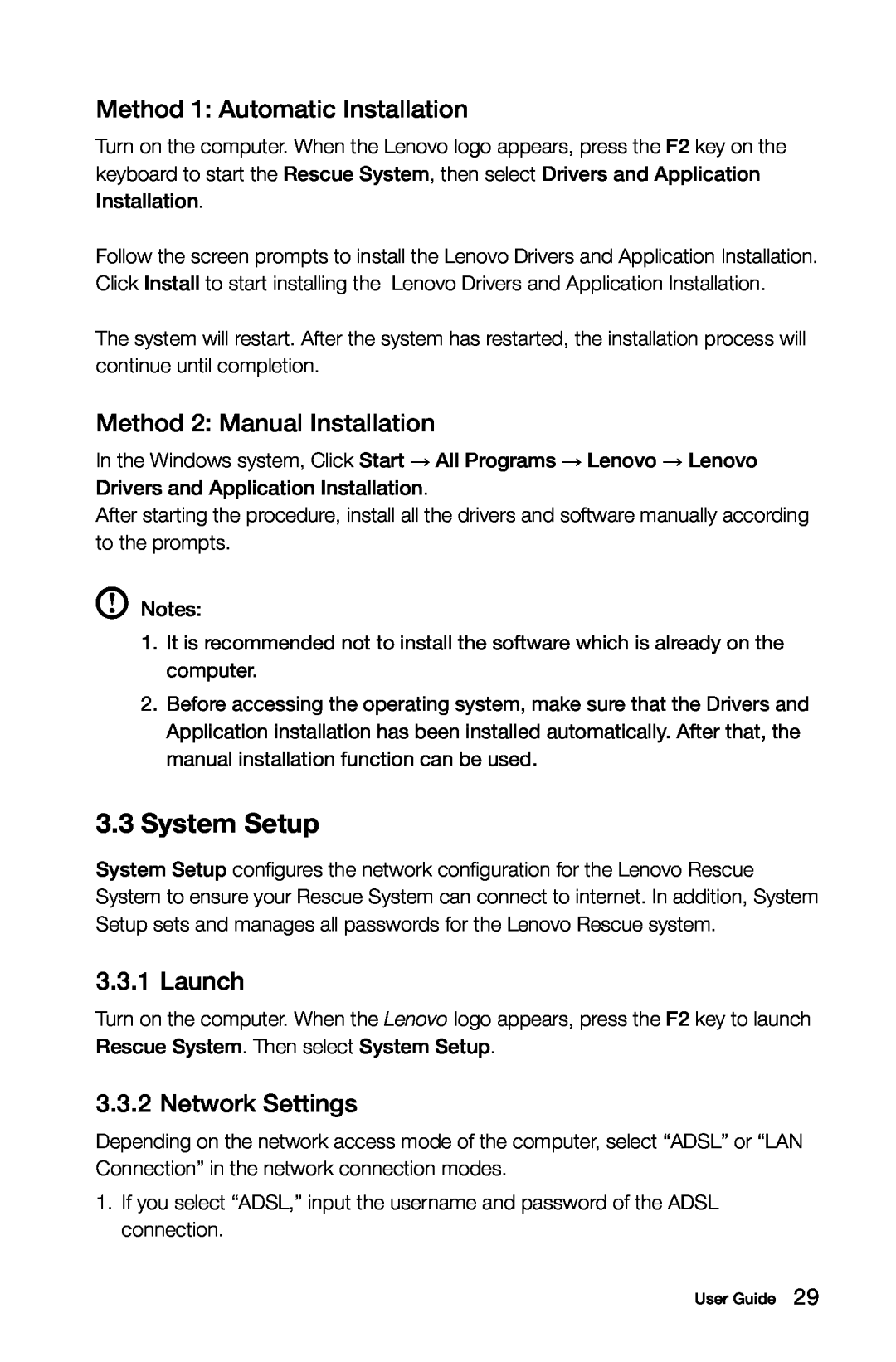 Lenovo 10051, B3 System Setup, Method 1 Automatic Installation, Method 2 Manual Installation, Launch, Network Settings 