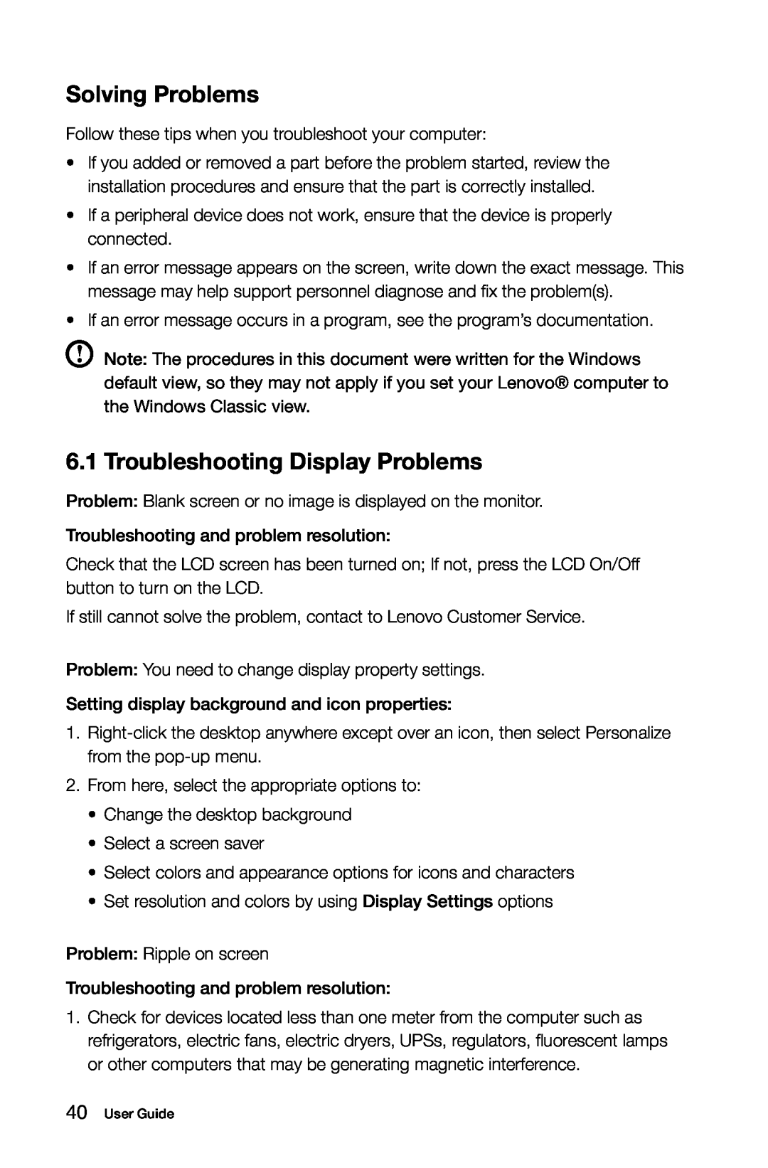 Lenovo B3, 10051, 10052 manual Solving Problems, Troubleshooting Display Problems 