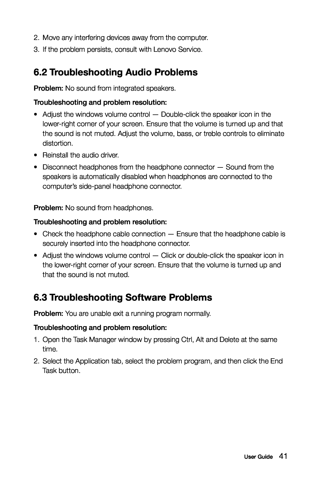 Lenovo 10051, B3, 10052 manual Troubleshooting Audio Problems, Troubleshooting Software Problems 