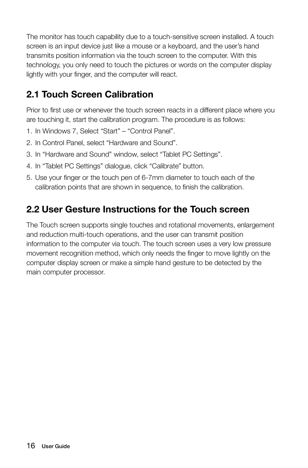 Lenovo B3, 10051, 10052 manual Touch Screen Calibration, User Gesture Instructions for the Touch screen 