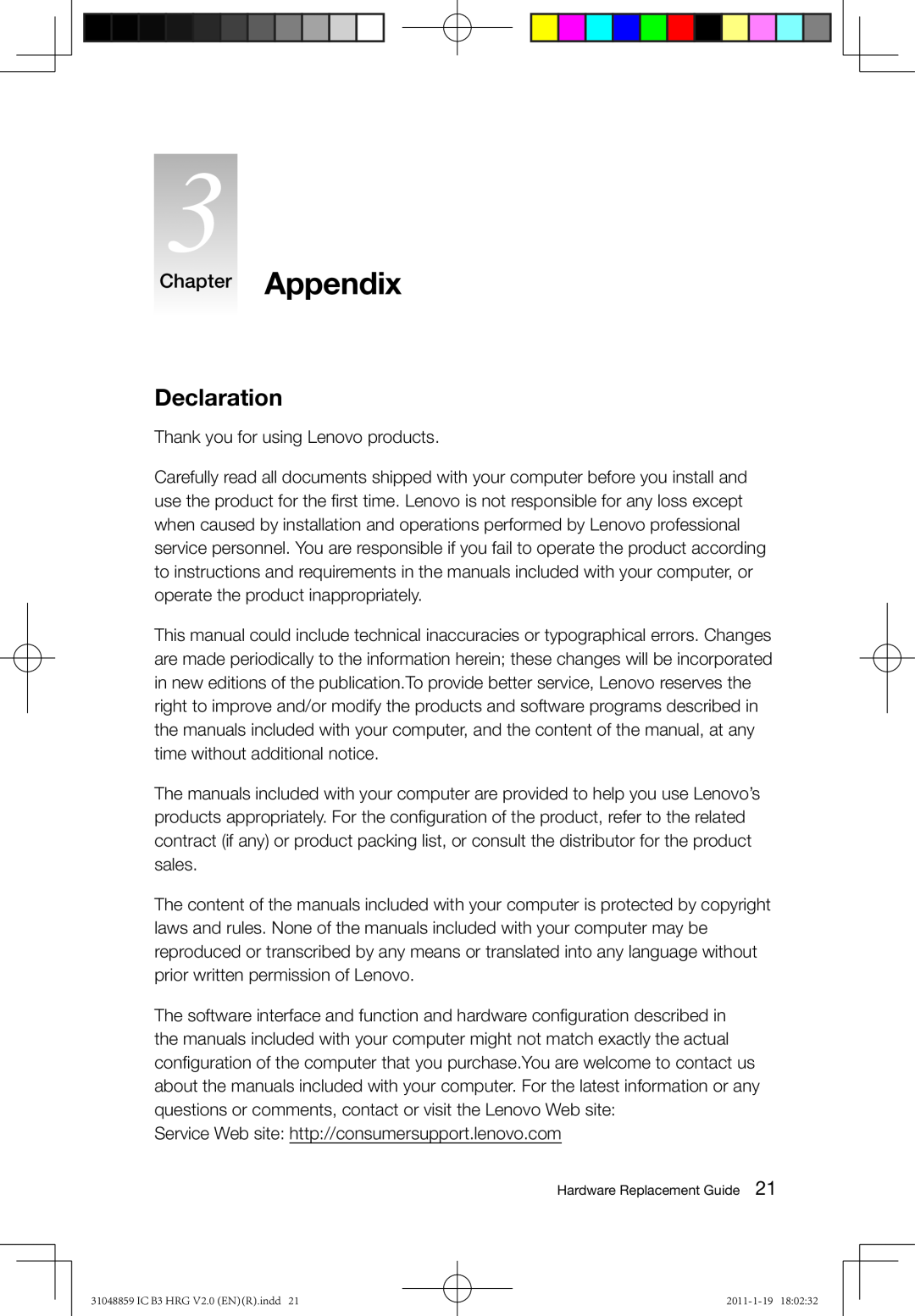 Lenovo B3 manual Declaration, Chapter Appendix 