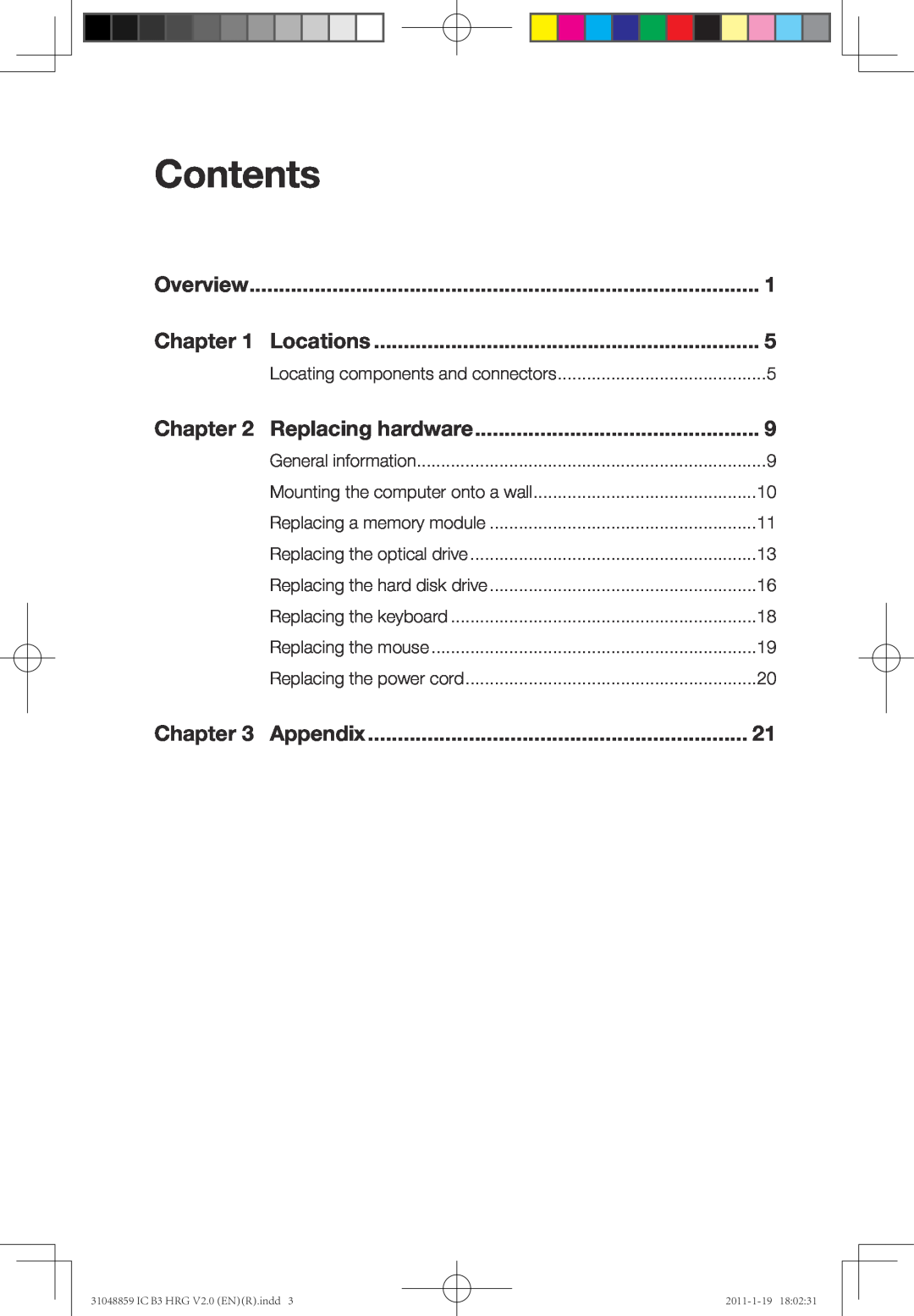Lenovo manual Contents, Chapter, Appendix, Locations, Replacing hardware, Overview, IC B3 HRG V2.0 ENR.indd, 2011-1-19 