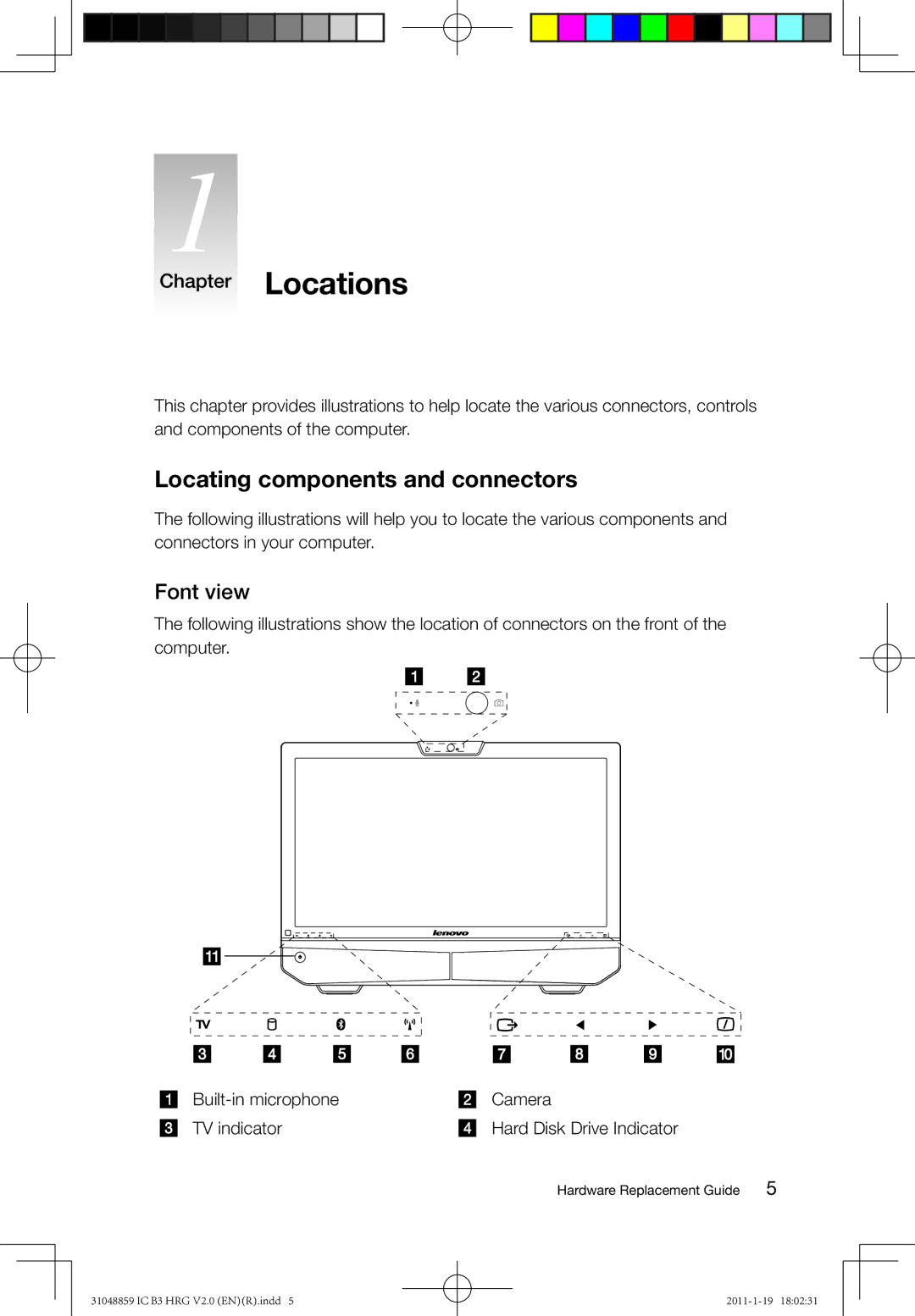 Lenovo B3 manual Locating components and connectors, Font view 