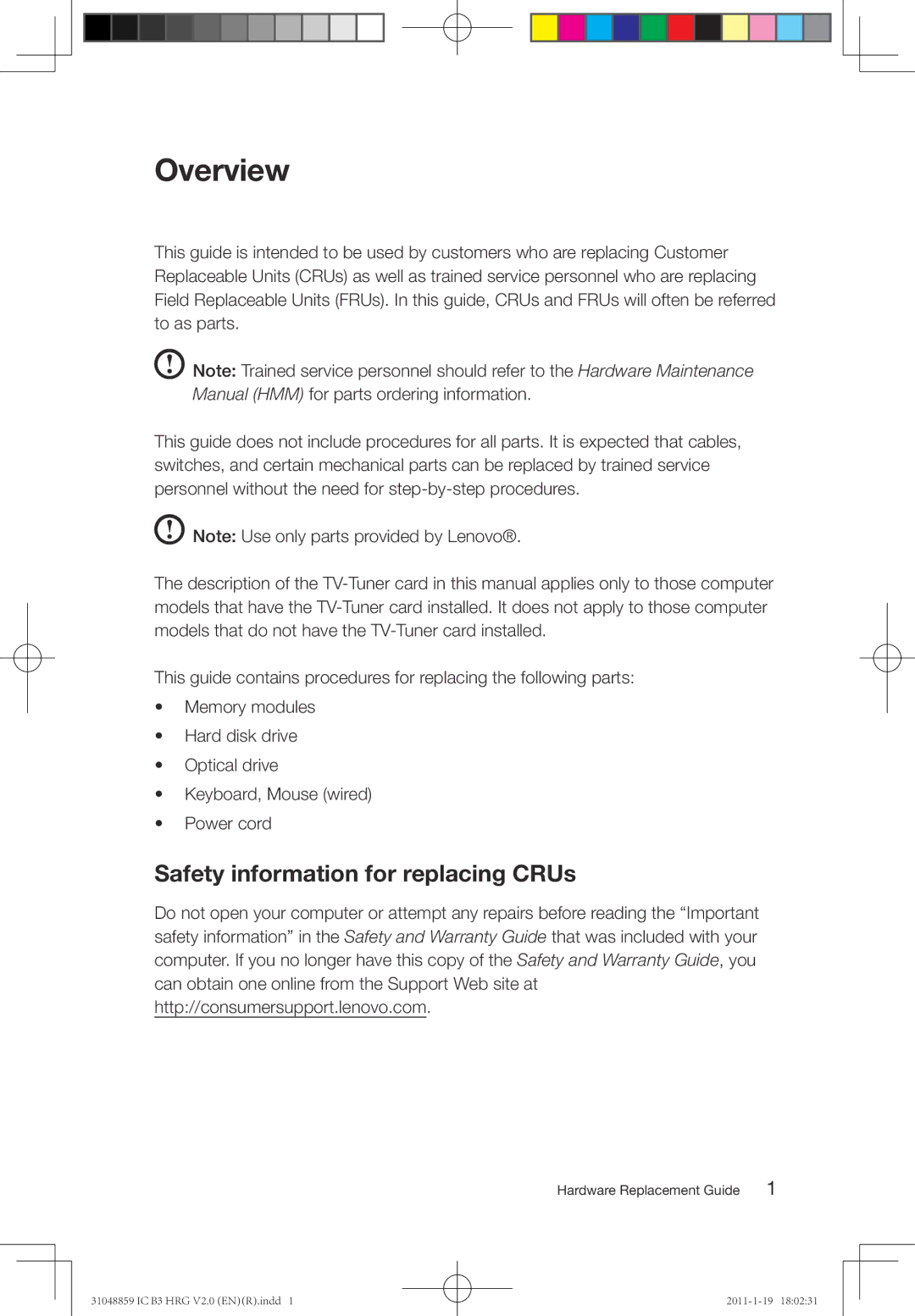 Lenovo B3 manual Overview, Safety information for replacing CRUs 