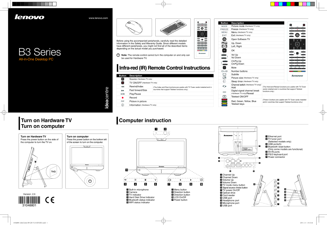 Lenovo warranty B3 Series, Computer instruction, Infra-red IR Remote Control Instructions, All-in-One Desktop PC 