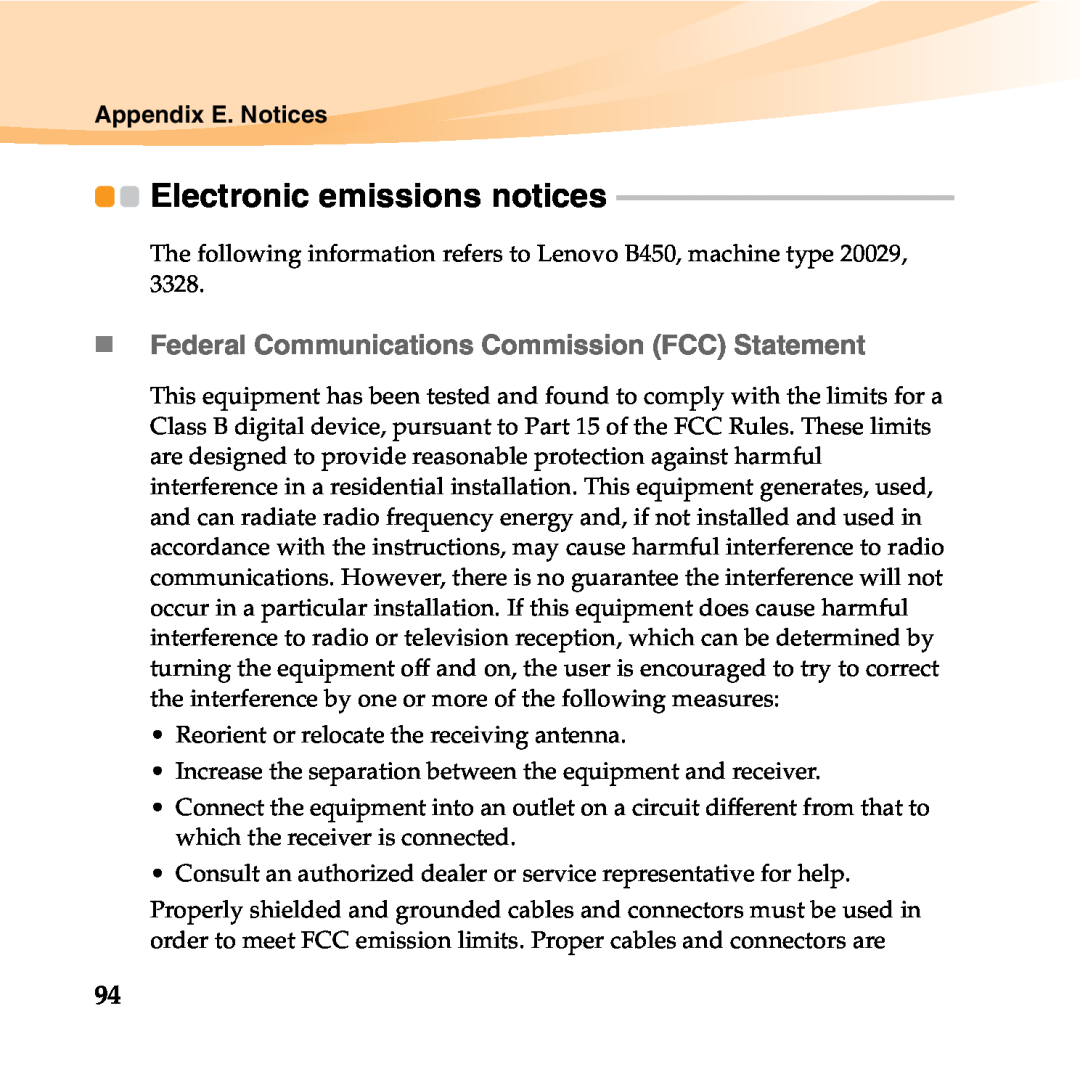 Lenovo B450 manual Electronic emissions notices, „Federal Communications Commission FCC Statement 