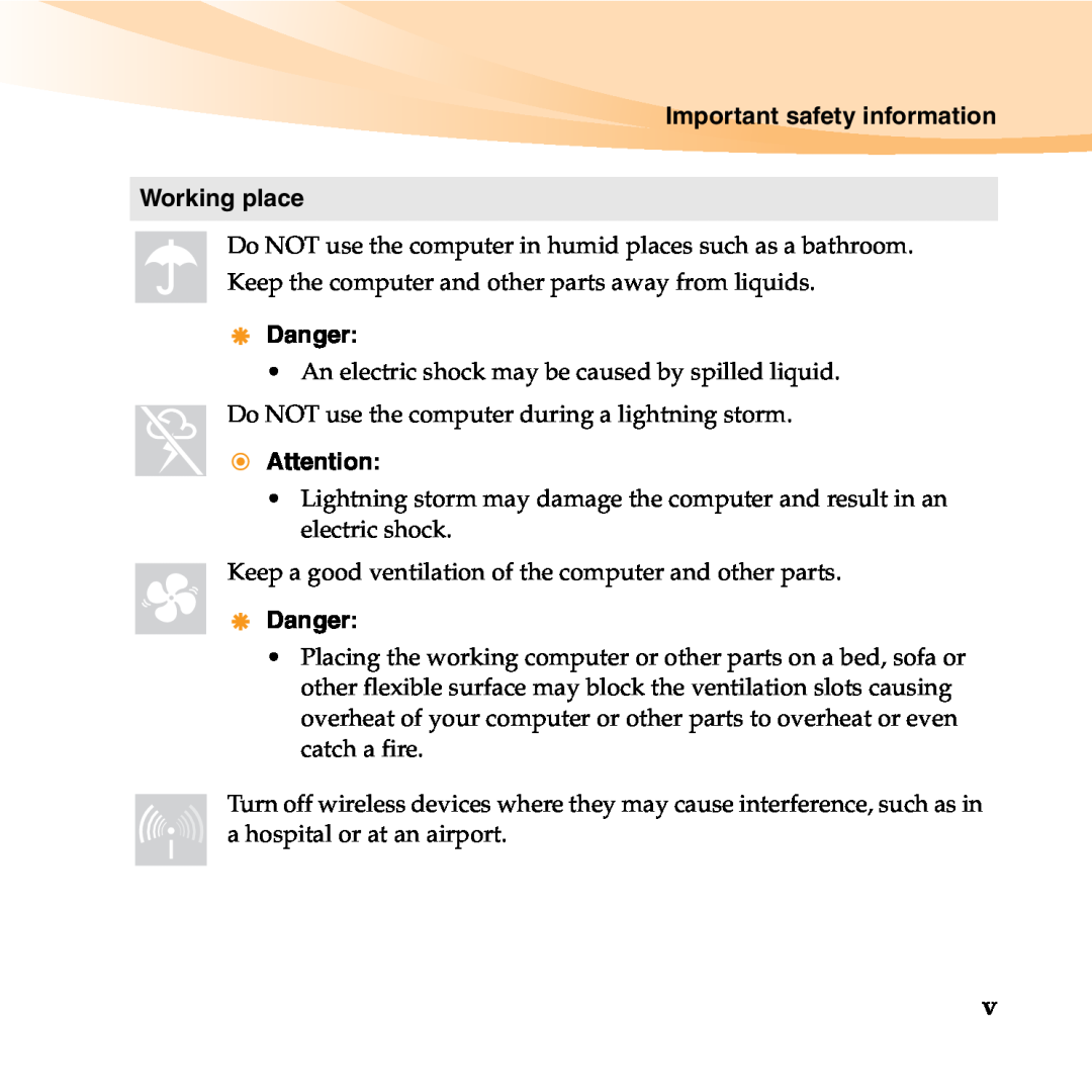 Lenovo B450 manual Important safety information, Working place, Danger 