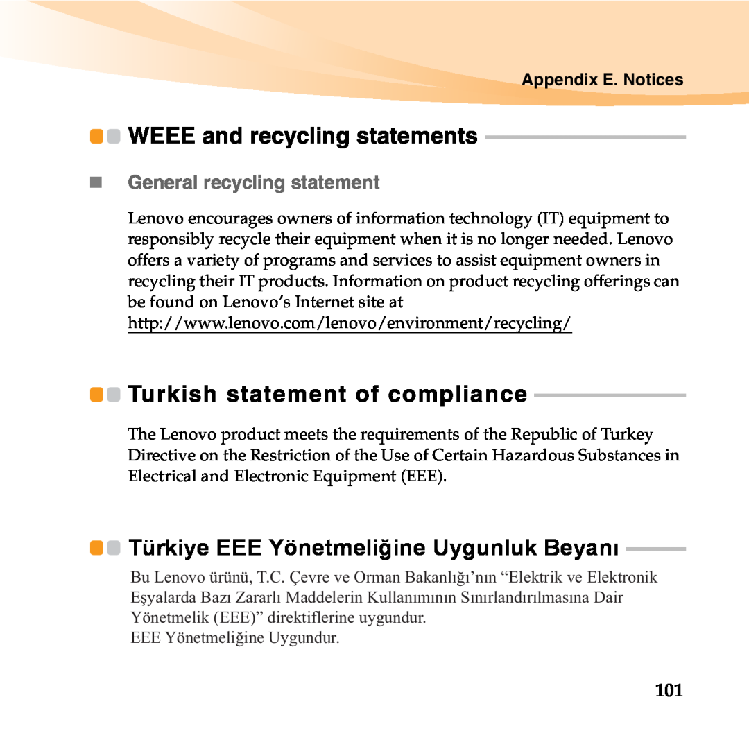 Lenovo B450 Turkish statement of compliance, Türkiye EEE Yönetmeliğine Uygunluk Beyanı, WEEE and recycling statements 