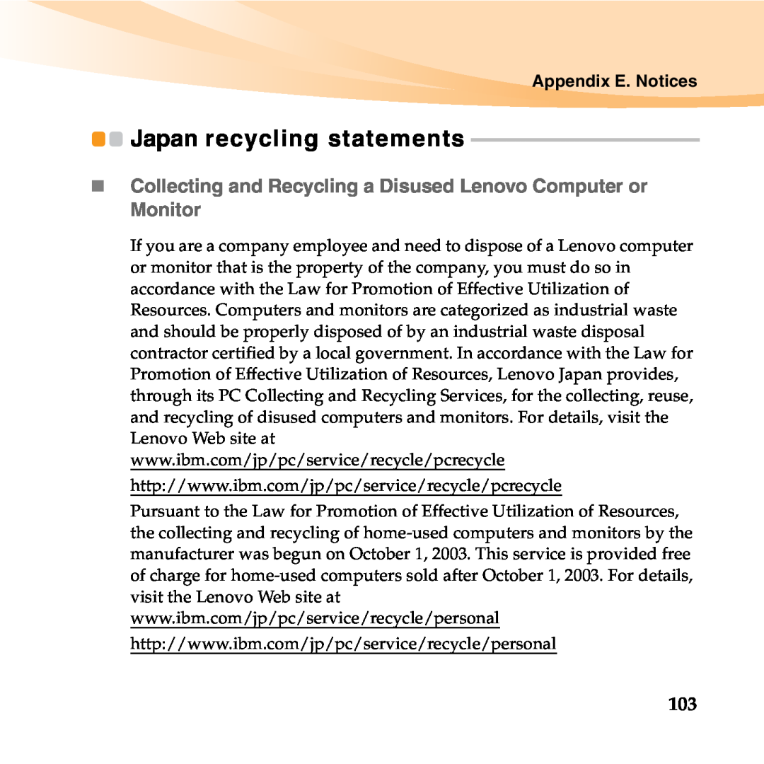 Lenovo B450 manual Japan recycling statements 