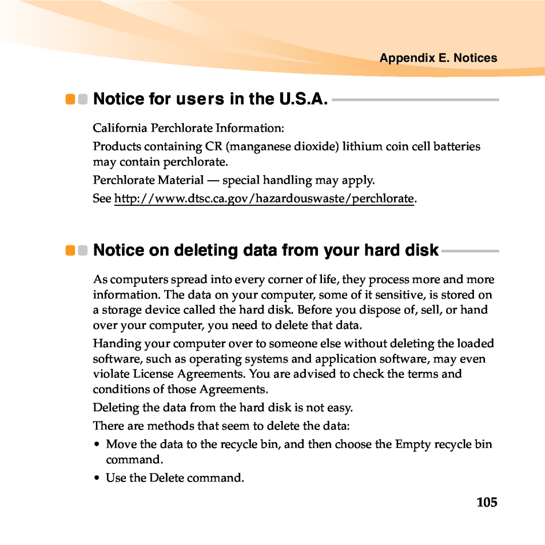 Lenovo B450 manual Notice on deleting data from your hard disk, Notice for users in the U.S.A 