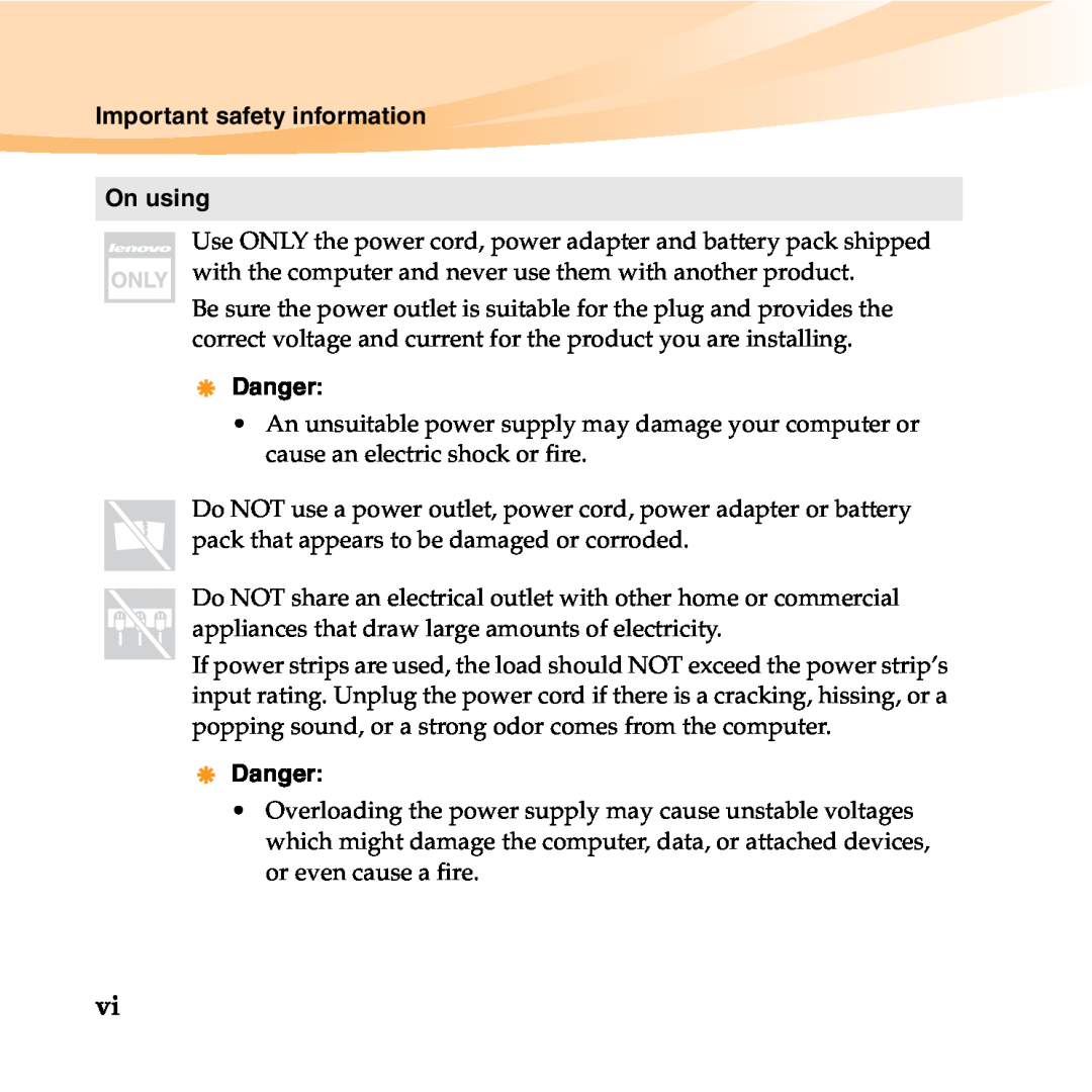Lenovo B450 manual Important safety information, On using, Danger 