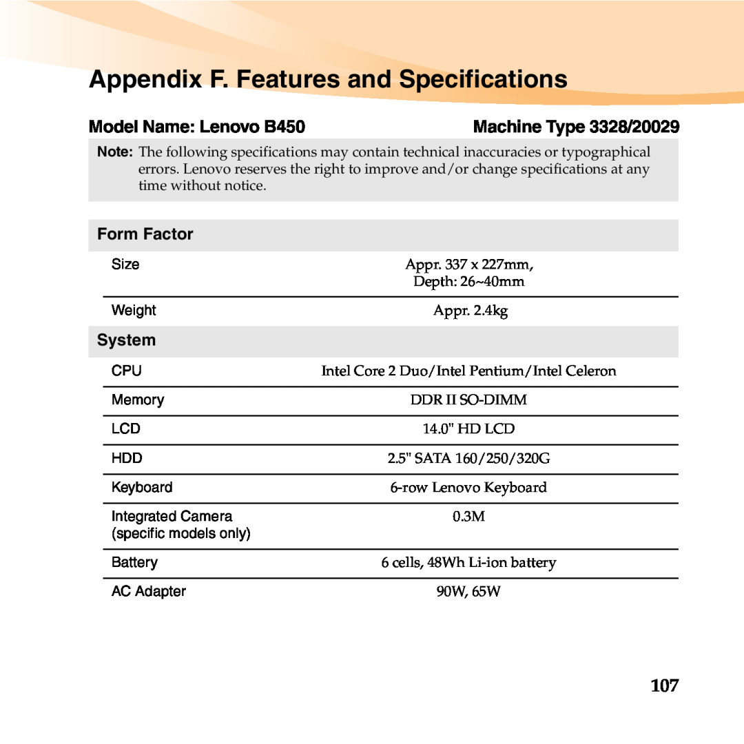 Lenovo Appendix F. Features and Specifications, Model Name Lenovo B450, Form Factor, System, Machine Type 3328/20029 