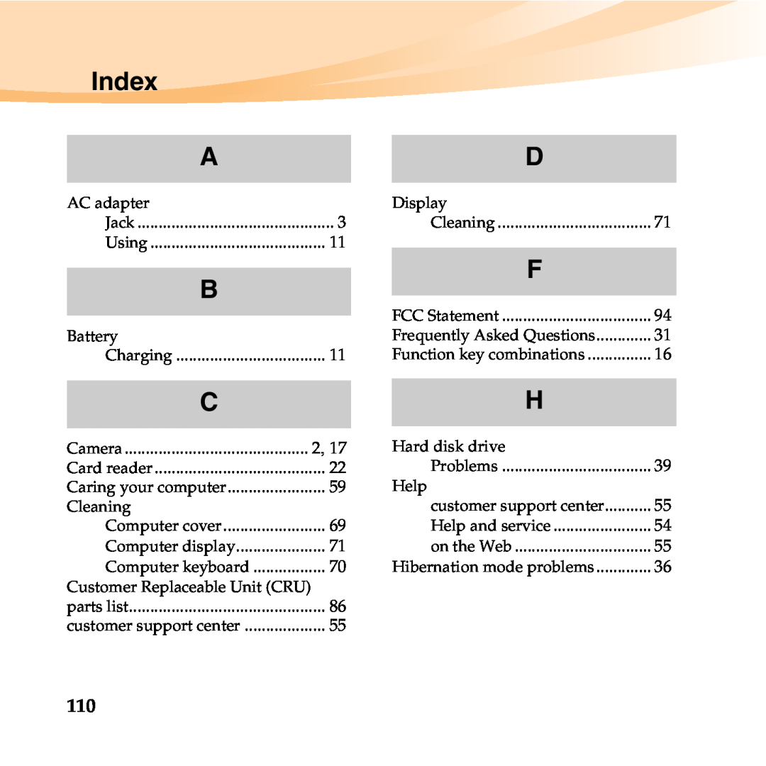 Lenovo B450 manual Index 