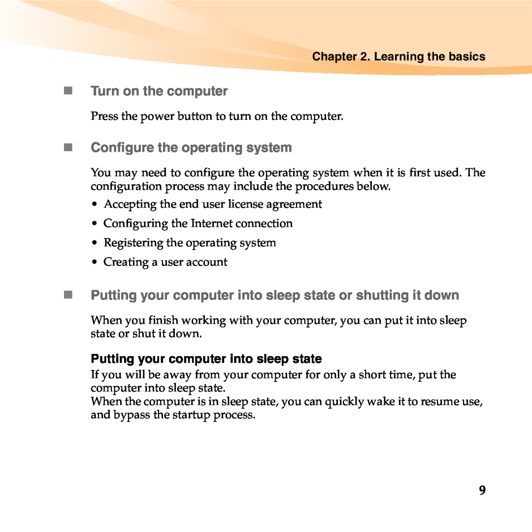 Lenovo B450 manual „Turn on the computer, „Configure the operating system, Learning the basics 