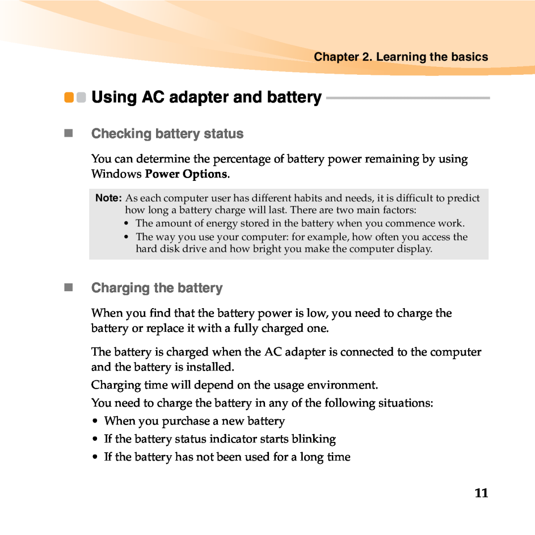Lenovo B450 manual Using AC adapter and battery, „Checking battery status, „Charging the battery 