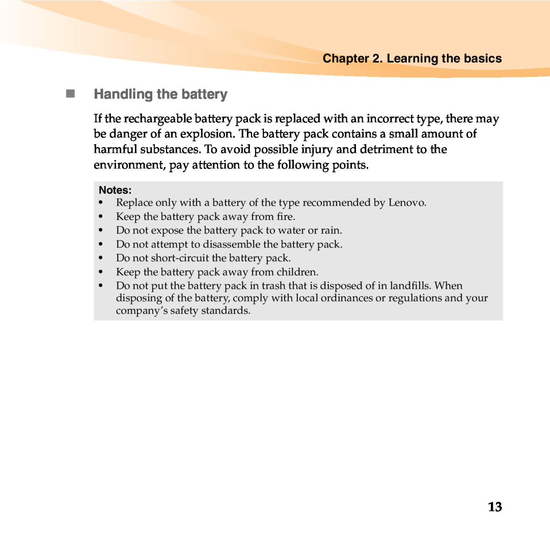 Lenovo B450 manual „Handling the battery 