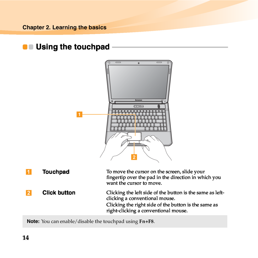 Lenovo B450 manual Using the touchpad, Learning the basics, Touchpad, Click button 