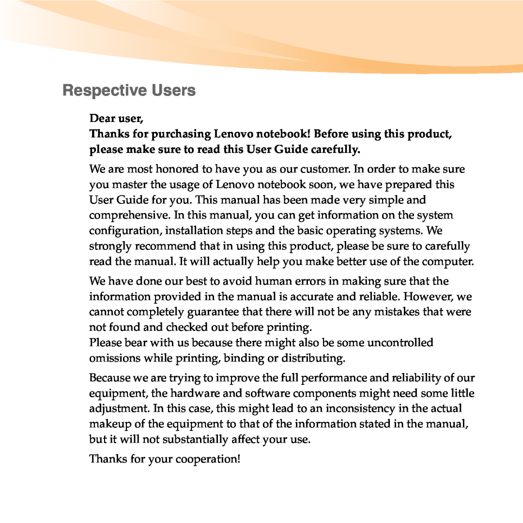 Lenovo B450 manual Respective Users, Dear user 
