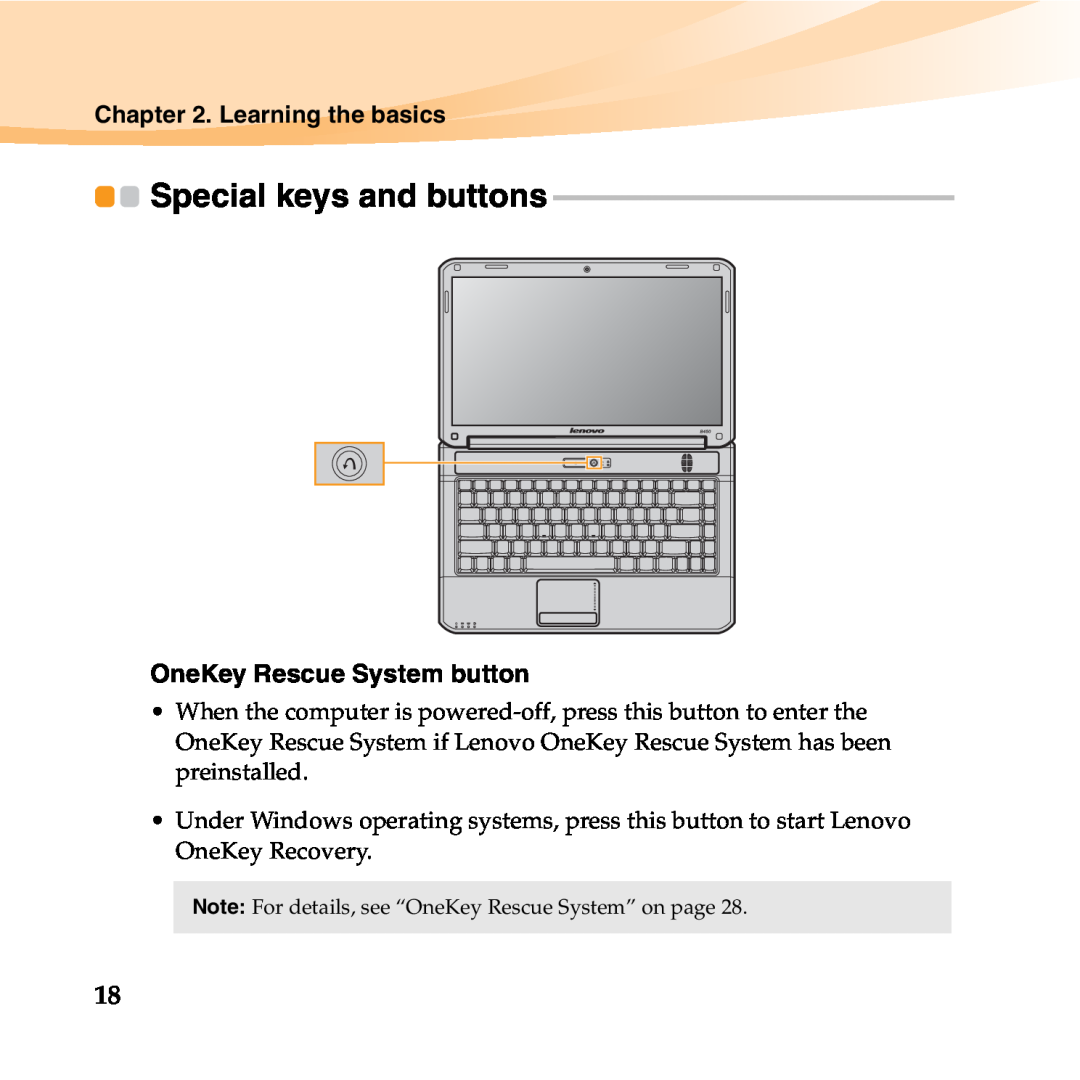 Lenovo B450 manual Special keys and buttons, Learning the basics, OneKey Rescue System button 