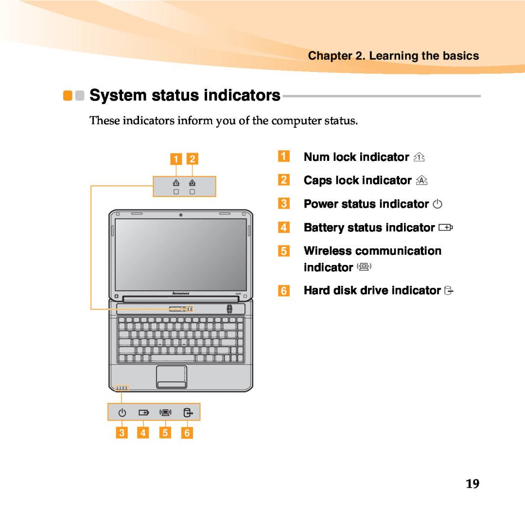 Lenovo B450 manual System status indicators, Learning the basics, Hard disk drive indicator, c d e f 