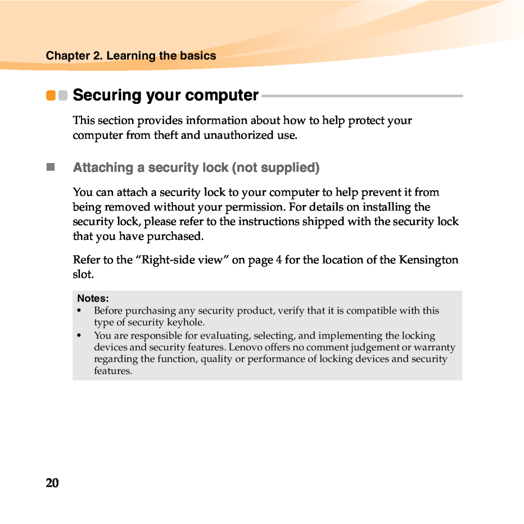 Lenovo B450 manual Securing your computer, „Attaching a security lock not supplied 