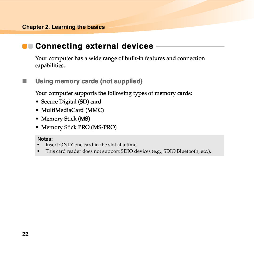 Lenovo B450 manual Connecting external devices, „Using memory cards not supplied 